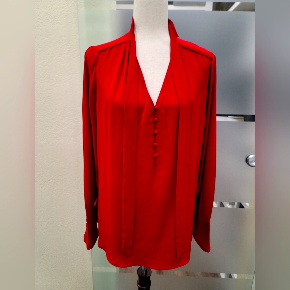 White House Black Market Red Long Sleeve Relaxed Blouse with Mandarin Collar